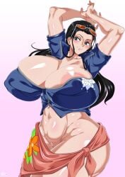 1girls absurd_res areolae arms_up blue_eyes blush breasts earrings female female_only jewelry large_breasts long_hair nico_robin nipples one_piece post-timeskip sarong shiny_skin solo solo_female sunglasses sunglasses_on_head wirberlwind