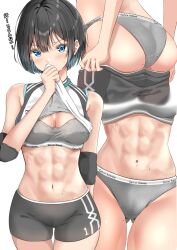 arm_band ass_focus beauty_mark beauty_mark_on_breasts black_hair blue_eyes blush blush_lines calvin_klein close-up cowboy_shot dialogue japanese_text large_breasts lower_body mole_(marking) multiple_views muscular muscular_female original original_character panties raised_eyebrows short_hair shorts sweaty taking_off_pants thick_thighs underwear wide_hips wiping_sweat