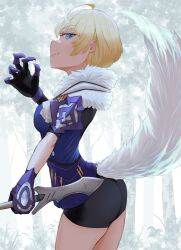 1girls ahoge ascot ass big_ass bike_shorts black_gloves black_shorts blonde_hair blue_eyes blue_shirt fake_tail female female female_only fire_emblem fire_emblem_engage fur-trimmed_jacket fur_sleeves fur_trim gauntlets gloves holding holding_knife jack09 jacket knife looking_at_viewer looking_back merrin_(fire_emblem) nintendo shirt short_bangs short_hair shorts simple_background smile solo tail tomboy