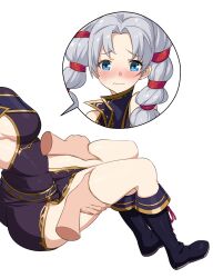 1girls ass bare_thighs big_ass blue_eyes blush boots breasts commission deep_skin disembodied_hand female female_only fire_emblem fire_emblem:_genealogy_of_the_holy_war grey_hair groping highres igni_tion medium_breasts medium_hair multiple_hair_ties nintendo purple_hair sideboob sitting solo solo_focus thigh_grab thighs tine_(fire_emblem) twintails white_background