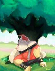 anthro big_breasts blaziken breasts female fingering fingering_self generation_3_pokemon hi_res holding_breast huge_breasts masturbation nintendo outside plant pokemon pokemon_(species) solo tree vaginal_masturbation vaginal_penetration vikhop