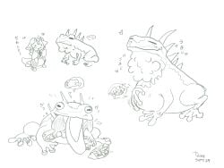 amphibian anthro anthro_on_feral armor chibi digital_media_(artwork) double_slime dragon duo feral frog headgear helmet hi_res japanese_text jellybean_(double_slime) larger_feral male male/male oral_vore salamander size_difference sketch_page smile soft_vore stomach_bulge text valley_croaker(made_in_abyss) vore zoophilia