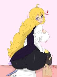 1girls ass big_breasts blonde_female blonde_hair glynda_goodwitch_(cosplay) long_hair long_hair_female purple_eyes rwby sitting_on_desk teacher_outfit wearing_glasses wearing_others_clothes yang_xiao_long zronku