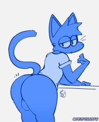 anthro ass balls blue_body clothing devfoxnsfw domestic_cat felid feline felis genitals hi_res looking_back male mammal resting_arm shirt solo tail topwear