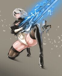 1girls absurd_res ass black_hairband black_heels black_legwear black_shirt blindfold breasts cleavage cleavage_cutout closed_mouth crossover female female_only goddess_of_victory:_nikke hairband heel_boots heels holding_weapon leotard light-skinned_female light_skin mole_under_mouth nier nier:_automata nier_(series) pod_(nier) rifle robot sheng_wei short_hair simple_background squatting thighs white_hair white_leotard yorha_2b