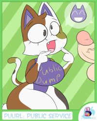 animal_crossing anthro balls big_breasts breasts brown_body brown_fur clothing derp_eyes disembodied_penis domestic_cat eyelashes felid feline felis female fur genitals green_background grey_body grey_eyes grey_fur head_tuft huge_breasts kneeling leotard light-skinned_male male mammal nintendo open_mouth pattern_background penis pointing_at_mouth purple_clothing purple_leotard purrl_(animal_crossing) simple_background snaggle_tooth solo striped_background text thick_thighs tuft white_body white_fur wide_hips yummercummer