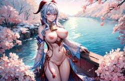 absurdres ai_generated bell blue_hair blush breasts cherry_blossoms detached_sleeves female ganyu_(genshin_impact) genshin_impact highres horns large_breasts looking_at_viewer navel nipples niraniri nude outdoors pussy solo tassel thighs water watermark