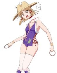 1girls ass_visible_through_thighs bare_shoulders beheaded blonde_hair blood blood_spurt death decapitation female_death frog_print gore guro hat headless hoop medium_breasts microdress purple_dress revealing_clothes ryonasuki short_hair solo suwako_moriya thighhighs touhou touhou_tag_dream weapon wrestling_outfit yellow_eyes