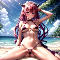 1girls ai_generated beach hi_res hololive hololive_english irys irys_(hololive) legs_spread micro_bikini stable_diffusion virtual_youtuber wedgie