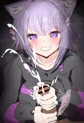 1boy 1girls catgirl cum cumshot dark-skinned_male dark_skin ejaculation gentle_femdom handjob happy hololive hololive_gamers hololive_japan light-skinned_female light_skin nekomata_okayu pov pov_crotch pov_eye_contact purple_hair smile smiling_at_viewer tlandolt69 virtual_youtuber