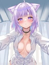 blush choker collar hololive hololive_gamers hololive_japan horny horny_female huge_breasts naked_shirt naughty_face nekomata_okayu pinning_down pov ready_to_fuck virtual_youtuber