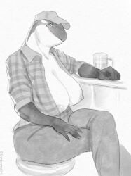 alcohol anthro beer beer_mug beverage blue_eyes braless breasts cetacean digital_media_(artwork) dolphin female hi_res looking_at_viewer mammal marine monochrome neracoda nipples non-mammal_breasts oceanic_dolphin orca plaid smile solo toothed_whale