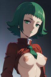 1girls ai_generated breasts breasts_out bryony_(pokemon) female female_only green_eyes green_hair green_lipstick human human_only lips lipstick medium_breasts nintendo nipples pokemon pokemon_xy scientist solo team_flare