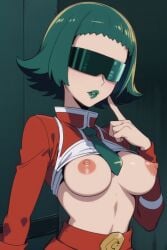 1girls ai_generated breasts breasts_out bryony_(pokemon) female female_only green-tinted_eyewear green_hair green_lipstick human human_only lips lipstick medium_breasts nintendo nipples pokemon pokemon_xy scientist solo team_flare tinted_eyewear visor visor_(eyewear)