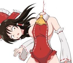 1girls areola_slip ascot beheaded belly_button_visible_through_clothing blood_spurt breasts brown_hair covered_navel death decapitated_head decapitation detached_sleeves female_death gore guro hair_tubes hairbow hakurei_reimu large_breasts leotard long_hair red_bow red_eyes ryonasuki sideboob sidelocks solo touhou touhou_tag_dream white_background wrestling_outfit