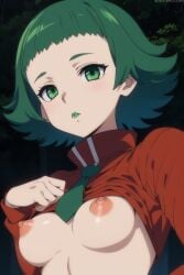 1girls ai_generated breasts breasts_out bryony_(pokemon) female female_only green_eyes green_hair green_lipstick human human_only lips lipstick medium_breasts nintendo nipples pokemon pokemon_xy scientist solo team_flare