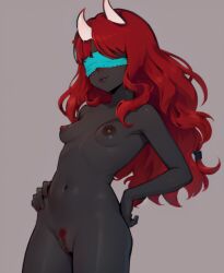 1girls ai_generated black_skin blindfold breasts demon_girl hands_on_hips horns lilith_(the_binding_of_isaac) nipples nude pubic_hair pussy red_hair simple_background small_breasts stable_diffusion succubus succubus_horns the_binding_of_isaac vagina white_horns