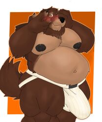 anthro belly big_belly blush brown_body brown_fur bulge canid canine canis clothing doggo_(shantakpup) domestic_dog flaccid fur gab_art hi_res jockstrap male male_only mammal moobs muscular_thighs one_eye_obstructed solo solo_male tail underwear