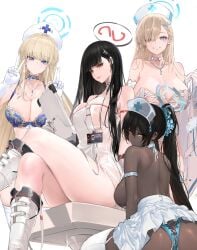 4girls ass asuna_(blue_archive) black_hair blonde_hair blue_archive blue_eyes bra breasts chocolate_and_vanilla cleaning_&_clearing_(blue_archive) dark-skinned_female dark_skin dishwasher1910 female hair_over_one_eye halo huge_ass huge_breasts karin_(blue_archive) light-skinned_female light_skin long_hair millennium_science_school_student multiple_girls nurse nurse_cap nurse_outfit panties red_eyes rio_(blue_archive) seminar_(blue_archive) student_council_president thick_thighs toki_(blue_archive) yellow_eyes