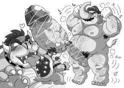 2023 anthro armpit_hair balls belly big_belly blood bodily_fluids body_hair bowser censored clothing duo elephant elephant_mario elephantid erection facial_hair gay genitals gloves handwear hat headgear headwear humanoid_hands kemono kimagure_monja male male/male male_only mammal mario mario_(series) moobs moustache musclegut nintendo nipples nosebleed overweight overweight_male penis penis_size_difference proboscidean pubes size_difference super_mario_bros._wonder tongue tongue_out