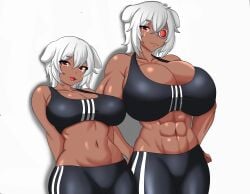 2girls 3huntle0 big_breasts bionic_eye breasts closed_mouth dark-skinned_female dark_skin dog_ears dog_girl gym_clothes gym_uniform high_resolution huge_breasts latam_virtual_youtuber looking_at_viewer medium_breasts medium_support_(meme) miki_miki multiple_girls muscular muscular_female oc open_mouth original original_character red_eyes rule_63 scar scar_across_eye sm smile sports_bra tongue virtual_youtuber vtuber white_hair