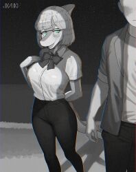 1boy 1girl 1girls anon_(snoot_game) black_pants blue_eyes blush dinosaur_girl glasses goodbye_volcano_high greyscale jxzuke naomi_(gvh) ribbon scalie seductive shirt short_hair smile snoot_game