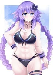 abs bikini blue_eyes blush breasts cleavage flower_in_hair front_view goddess hand_on_hip light-skinned_female long_hair looking_away matrixjudge neptune_(neptunia) neptunia_(series) purple_hair purple_heart_(neptunia) smile solo thick_thighs thigh_strap twin_braids