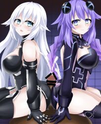 1boy 2girls ass_to_ass bare_back bare_shoulders black_heart blue_eyes blush bodysuit breasts buttjob censored cleavage ejaculation elbow_gloves goddess hair_ornament light-skinned_female long_hair looking_at_another matrixjudge neptune_(neptunia) neptunia_(series) noire open_mouth penis pov purple_hair purple_heart_(neptunia) smile thighhighs twin_braids white_hair