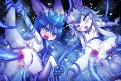 <3_eyes 2girls anal anal_sex anthro anus areola ass blue_body blue_eyes blue_hair blush bodily_fluids bondage bound breasts duo eeveelution female generation_4_pokemon genital_fluids genitals glaceon hair heart lumineko multiple_girls nintendo nipples open_mouth penetration pokemon pokemon_(species) pokemorph pussy pussy_juice small_breasts spread_legs spreading tentacle vaginal_penetration young