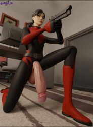 3d balls big_balls big_penis camping casual crotchless flaccid flaccid_penis footwear fortnite futa_only futanari gun handwear hanging_balls human hung_futanari intersex jinxed_xp pale_skin penis polarity_(fortnite) suit veiny_penis