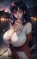 1girls ai_generated big_breasts breasts brown_eyes female inuyasha japanese_clothes kikyo_(inuyasha) looking_at_viewer night outside purple_hair solo stable_diffusion village winterzone