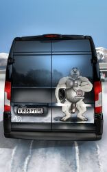 anthro autofurrart balls bear beard big_penis blue_eyes body_hair chest_hair day ducato facial_hair fiat genitals hi_res male mammal medium_truck metal mountain musclegut muscular nude panorama pecs penis polar_bear snow solo truck truck_(vehicle) ursine van vehicle zubr