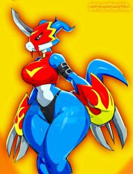 anthro anthrofied armor ass bandai_namco big_breasts big_butt blue_body blue_skin bodily_fluids bottom_heavy breasts clothed clothing curvy_figure digimon digimon_(species) digimorph edit edited female flamedramon headgear helmet huge_breasts huge_butt huge_thighs non-mammal_breasts open_mouth panties red_eyes reptile riipley scalie simple_background small_waist solo straps sweat text thick_thighs unconvincing_armor underwear url voluptuous white_body wide_hips