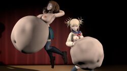 2girls 3d 3d_(artwork) artistticwonder95 belly belly_bulge big_belly big_breasts blonde_hair breasts brown_hair female female_pred hands_behind_head himiko_toga huge_belly my_hero_academia nipples ochako_uraraka same_size_vore skirt smile vore