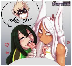 1boy 2girls blowjob dark-skinned_female dark_skin darkminou english_text fellatio female hero_outfit_(mha) katsuki_bakugou long_tongue male miruko my_hero_academia pale-skinned_female pale_skin rumi_usagiyama sucking sucking_penis tonguejob tsuyu_asui white_hair