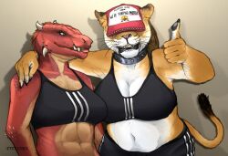 absurd_res anthro argonian band1tnsfw baseball_cap bethesda_softworks big_breasts black_bottomwear black_clothing black_topwear bottomwear bra breasts clothing collar digital_drawing_(artwork) digital_media_(artwork) duo duo_focus exercise_clothing felid female female_anthro female_focus fur gesture group gym_bottomwear gym_clothing gym_shorts hand_over_shoulder hat headgear headwear hi_res horn ioshka_(notkronte) lion m1lf_band1t_(band1tnsfw) mammal medium_support_(meme) meme overweight overweight_anthro overweight_female pantherine red_body red_scales red_skin scales scalie shorts smile smiling_at_viewer spiked_collar spiked_hat spikes sports_bra sportswear stripes tan_body tan_fur the_elder_scrolls thumbs_up topwear underwear whiskers white_body white_stripes