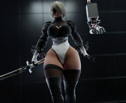 1female 3d busty dustyboyo female_only huge_breasts nier:_automata solo_female sword voluptuous white_hair yorha_2b