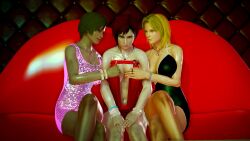 3d blonde_hair brown_hair cleavage dead_or_alive dress interracial lisa_hamilton mila_(doa) red_hair threesome tina_armstrong touching_breast yuri