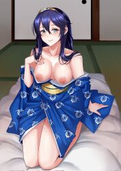 1girls alternate_costume bare_shoulders blue_eyes blue_hair blush breasts breasts_out female female_only fire_emblem fire_emblem_awakening futon hair_ornament highres indoors japanese_clothes kimono light-skinned_female light_skin looking_at_viewer lucina_(fire_emblem) medium_breasts nipples official_alternate_costume on_knees rynn_(darknescorez) smile solo tiara