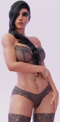 3d abs black_hair black_lingerie braid braided_hair dark_hair female fit fit_female hands_on_hips hands_on_thighs lingerie looking_at_viewer makeup overwatch pearl_necklace pharah see-through_bra see-through_clothing see-through_panties see-through_pantyhose stockings tanned tanned_female tanned_skin tattoo tattoo_on_belly