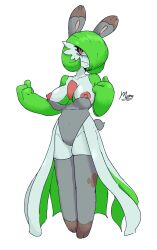 anthro areola bare_breasts breasts bunnelby bunny_costume cleavage cleavage_overflow clothed clothing costume exposed_breasts exposed_chest fake_ears fake_rabbit_ears female female_focus forced frown gardevoir generation_3_pokemon generation_6_pokemon green_body grey_clothing hi_res humanoid legwear momomcds multicolored_body nintendo nipples pointed_feet pokemon pokemon_(species) pokemon_costume red_eyes scut_tail short_tail solo solo_focus tail thigh_highs torn_thigh_highs wardrobe_malfunction