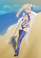 beach fate/grand_order fate_(series) miyamoto_musashi_(fate) miyamoto_musashi_(swimsuit_berserker) miyamoto_musashi_(swimsuit_berserker)_(third_ascension)_(fate) see-through swimsuit water white_hair