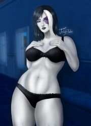 1girls belly blue_eyes blue_hair boob bra breasts domino_(fortnite) domino_(marvel) fortnite fortnite:_battle_royale hips jolygold69_(artist) legs marvel marvel_comics neena_thurman panties short_hair thick_legs thick_lips thick_thighs white_body white_skin x-force x-men