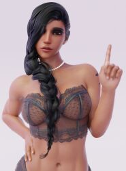 1girls 3d abs belly black_hair black_lingerie blender_(software) blizzard_entertainment braid braided_hair breasts dark_hair egyptian egyptian_female female finger_pointing fit fit_female hand_gesture hand_on_hip hands_on_hips lingerie looking_at_viewer makeup overwatch pearl_necklace pharah see-through_bra see-through_clothing see-through_panties tanned tanned_female tanned_skin