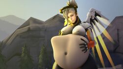 1girls 3d 3d_(artwork) belly belly_bulge big_belly big_breasts blonde_hair breasts female female_only female_pred huge_belly mercy nipple_outline overwatch qpwoei5 same_size_vore source_filmmaker vore vore_belly