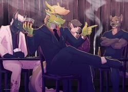 alcohol beverage canid canine canis celadon_vian cigarette cigarette_smoke clothing cocky_smile container cup domestic_dog dragon drinking_glass glass glass_container glass_cup hi_res hyena imminent_rape jackal jaeger_wunderkind male mammal reptile scalie smile smirk suit wine wine_glass