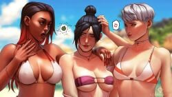 3girls apex_legends asian asian_female ass azuma_yasuo azumaarts beach big_ass bikini black_hair chocolate_and_vanilla dark-skinned_female dark_skin hair_bun horny light-skinned_female light_skin loba loba_(apex_legends) long_fingernails looking_at_viewer medium_breasts multiple_girls nose_piercing pale-skinned_female pale_skin realistic respawn_entertainment short_hair swimsuit tanline tanlines tattoo thick_thighs two_tone_hair valkyrie_(apex_legends) white_hair wraith_(apex_legends)