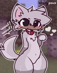 anthro bad_anatomy blush blushing_at_viewer bodily_fluids collar dialogue ear eyebrows_visible_through_hair eyelashes femboy fluffy fluffy_ears fluffy_hair fluffy_tail furry gay grey_fur grey_hair heart kodypaws male male_only minecraft minecraft_mob pale_wolf_(minecraft) paws red_collar shiny_skin smile submissive thick_thighs thighs wolf wolf_(minecraft) wolf_ears wolf_tail