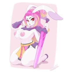 1girls 2023 5_fingers anthro areola armor blonde_hair bottomwear breasts clothing female female_only fingers gunfire_reborn hair hi_res holding_object holding_sword holding_weapon kneeling lagomorph leporid loincloth long_hair looking_at_viewer mammal melee_weapon multicolored_hair nipples pink_hair rabbit red_eyes simple_background skecchiart solo sword tao_(gunfire_reborn) thick_thighs two_tone_hair weapon whiskers white_body