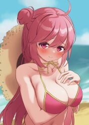 1girls arms_under_breasts blush cleavage cute double_bun hair_bun hand_on_breast head_down heavy_blush huge_breasts looking_at_viewer lowered_head nervous_smile rasis smile sound_voltex straw_hat swimsuit upper_body